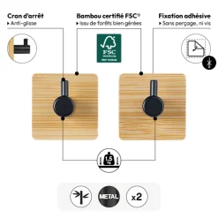 Lot de 2 patères adhésives 1 tête métal et bambou