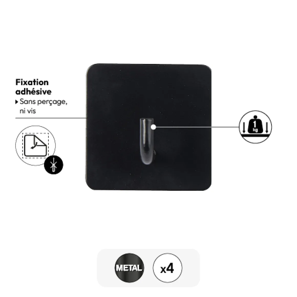 Lot de 4 patères adhésives 1 tête