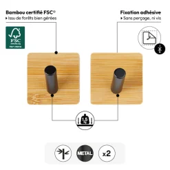 Lot de 2 patères adhésives 1 tête métal et bambou
