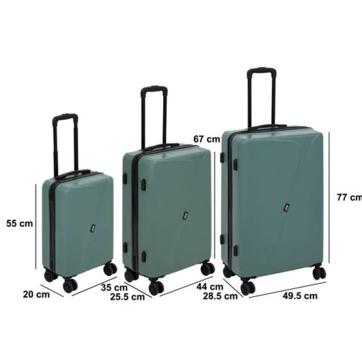 Lot de 3 valises 8 roues, H.77/67/55 cm, Vert