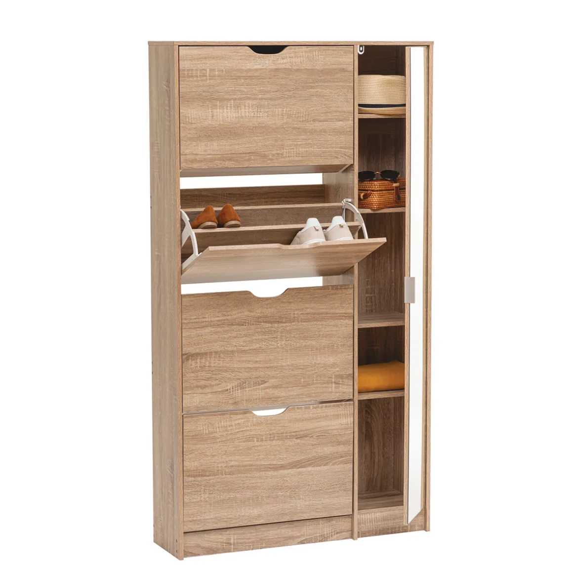 Meuble range-chaussures x21 miroir, Effet chêne