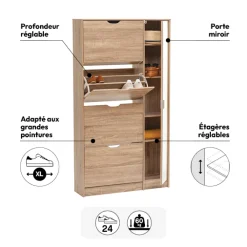 Meuble range-chaussures x21 miroir, Effet chêne