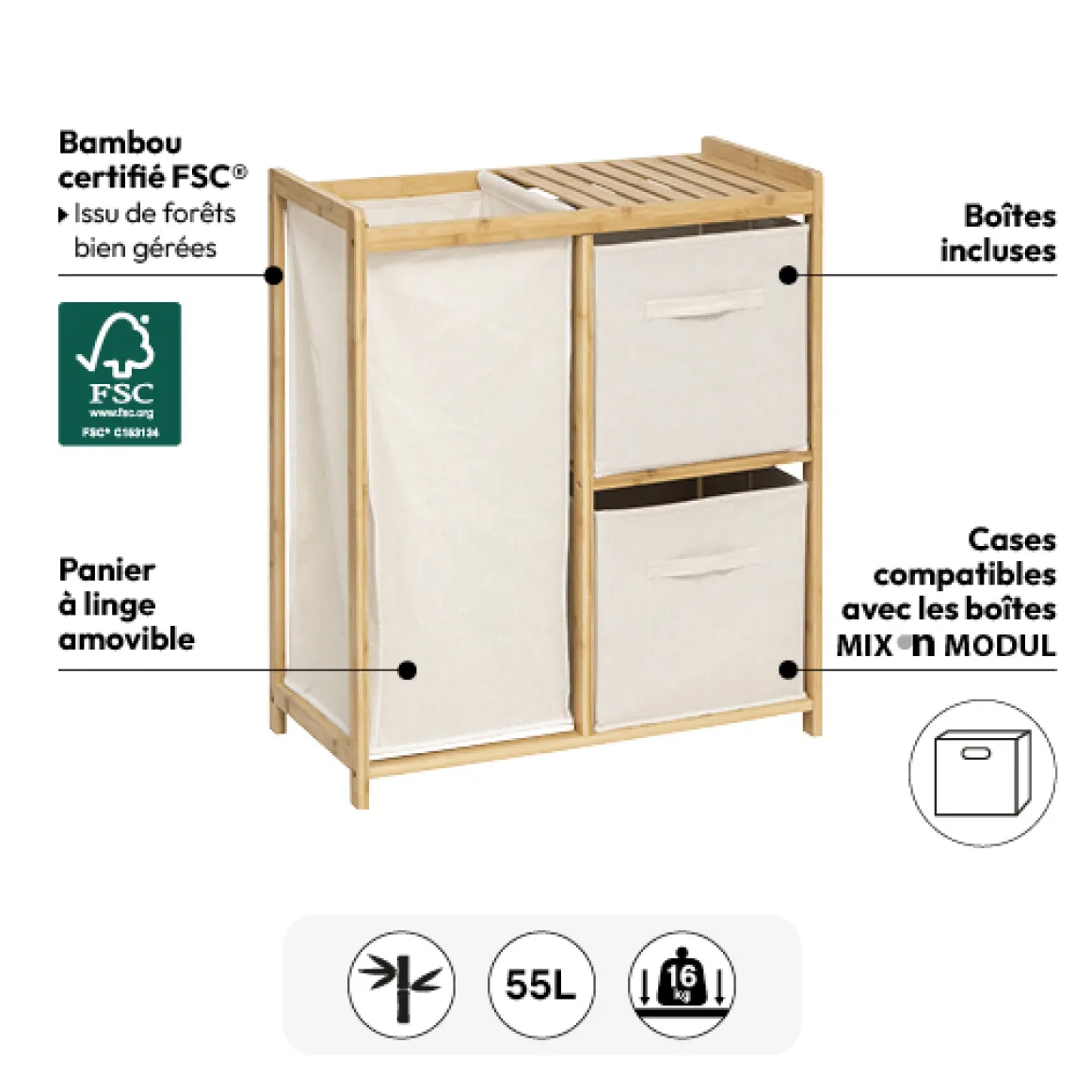Meuble étagère avec panier et 2 paniers, Bambou