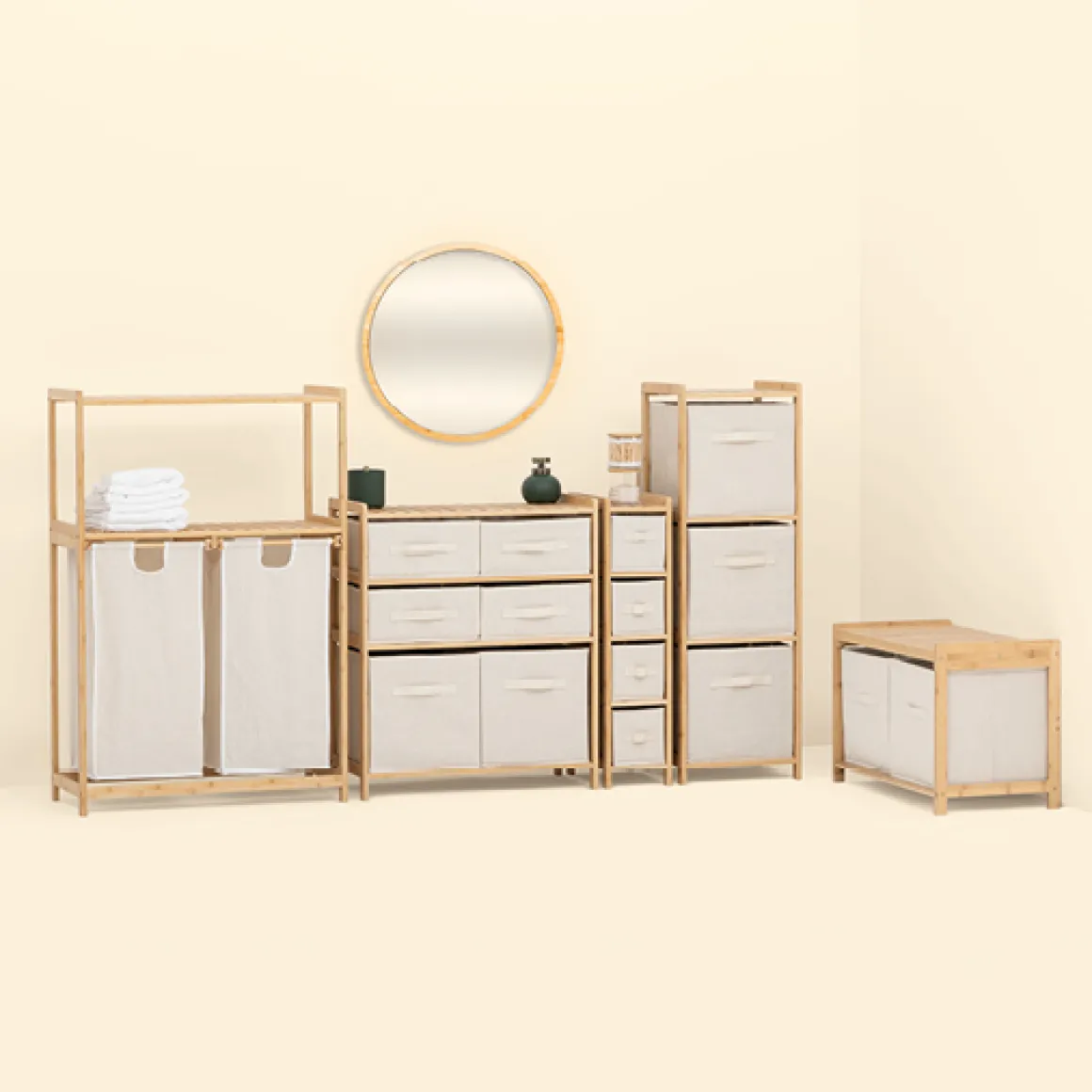 Meuble étagère avec panier et 2 paniers, Bambou