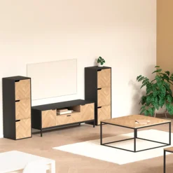 Meuble TV 3 portes sof close, Effet bois et noir