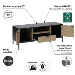 Meuble TV 3 portes sof close, Effet bois et noir