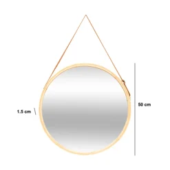 Miroir mural rond avec lanière cuir, 50cm, Bambou