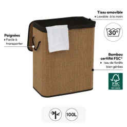 Panier à linge 60L, Bambou et noir