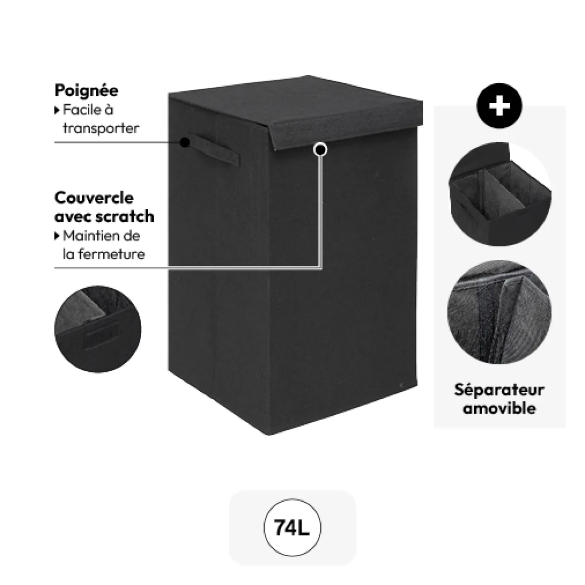 Panier à linge 74L, Noir