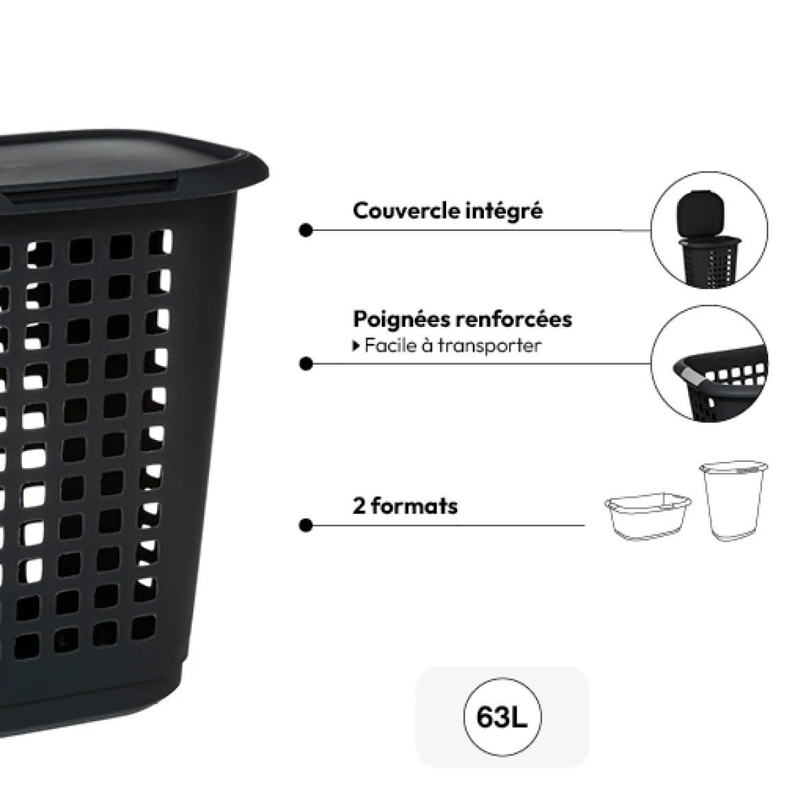 Panier à linge plastique 63L, Gris