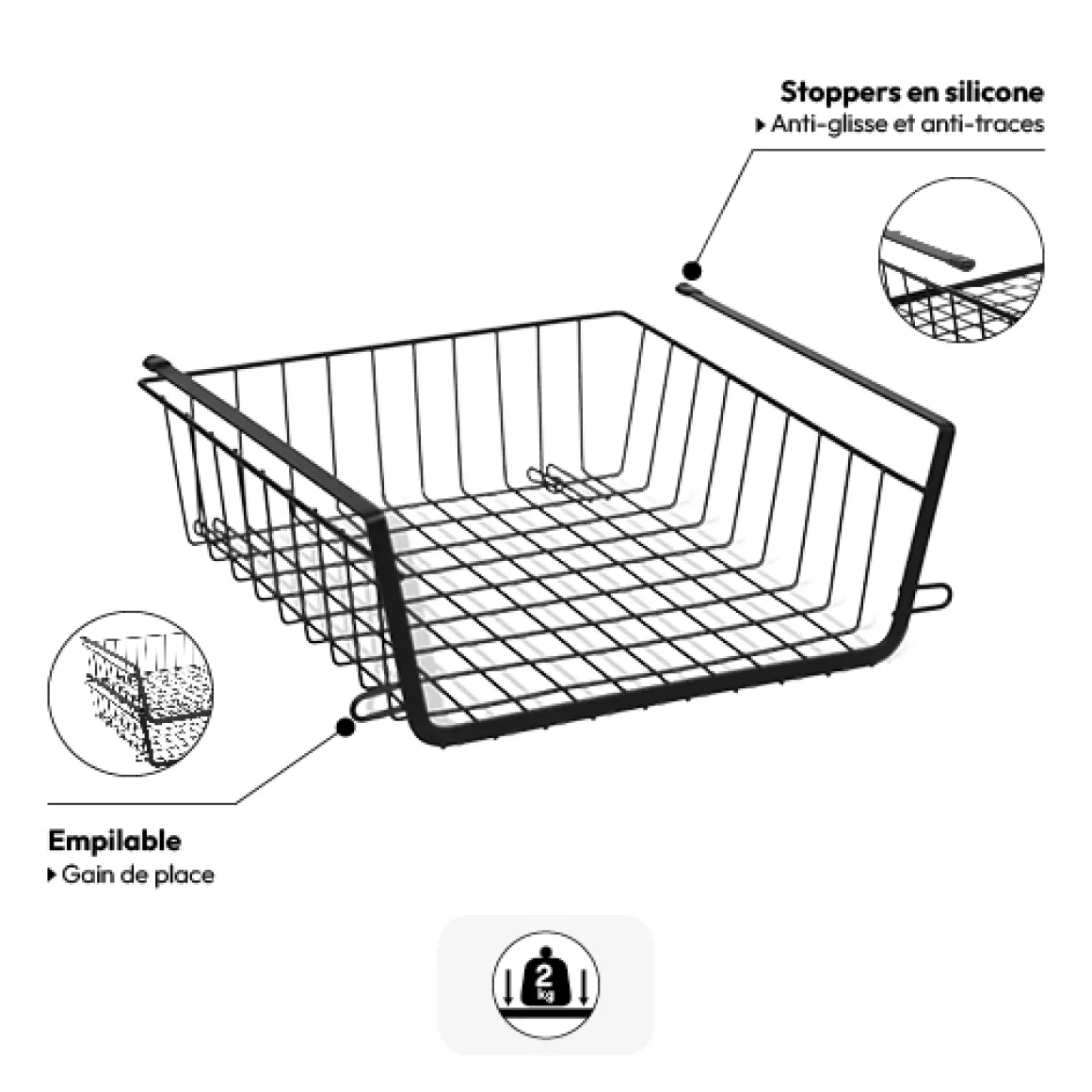 Panier de rangement à suspendre 31,5cm, Noir