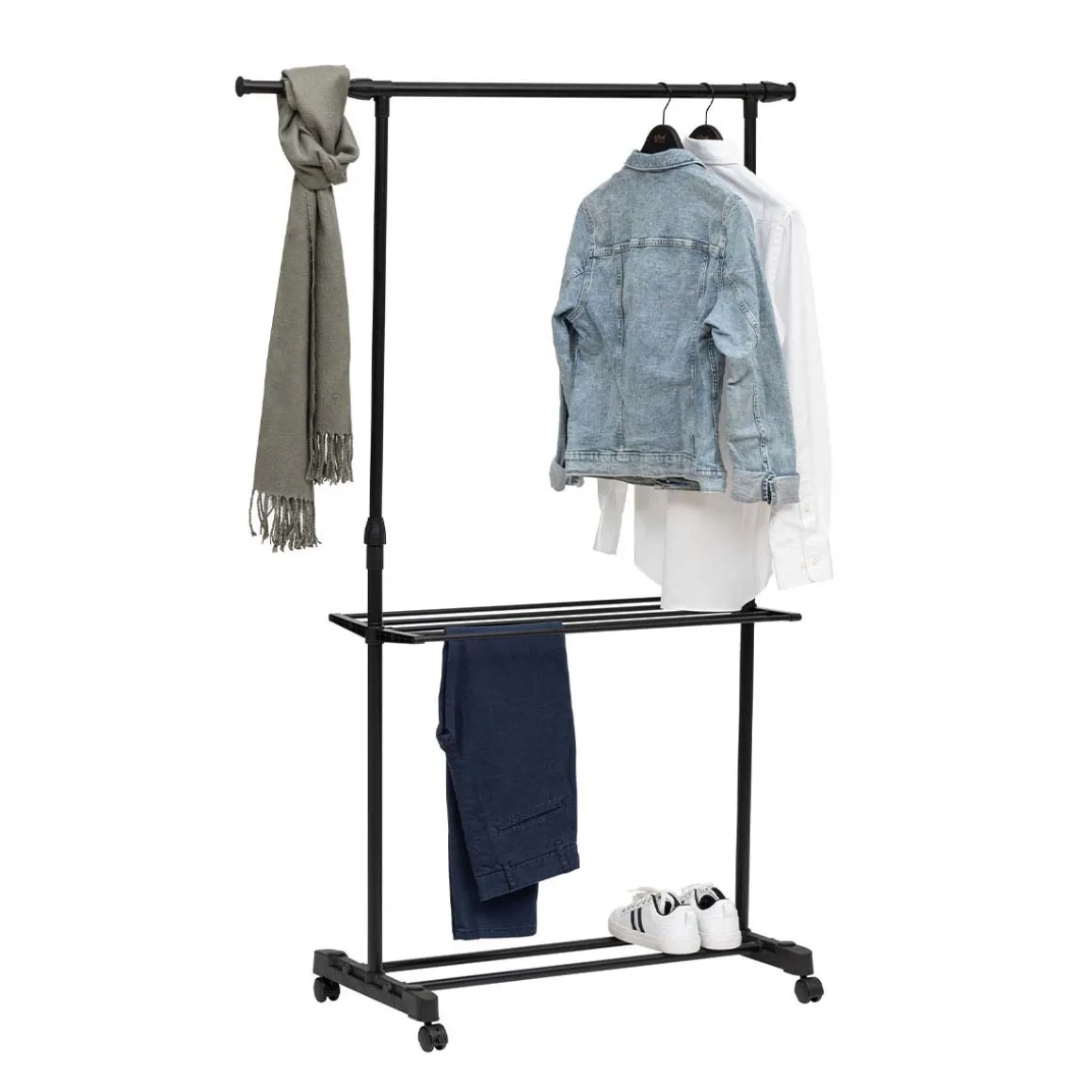 Portant à vêtements avec étendoir à roulettes