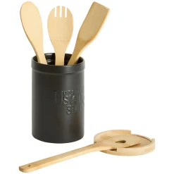Pot à ustensiles couvercle bambou, Céramique noir