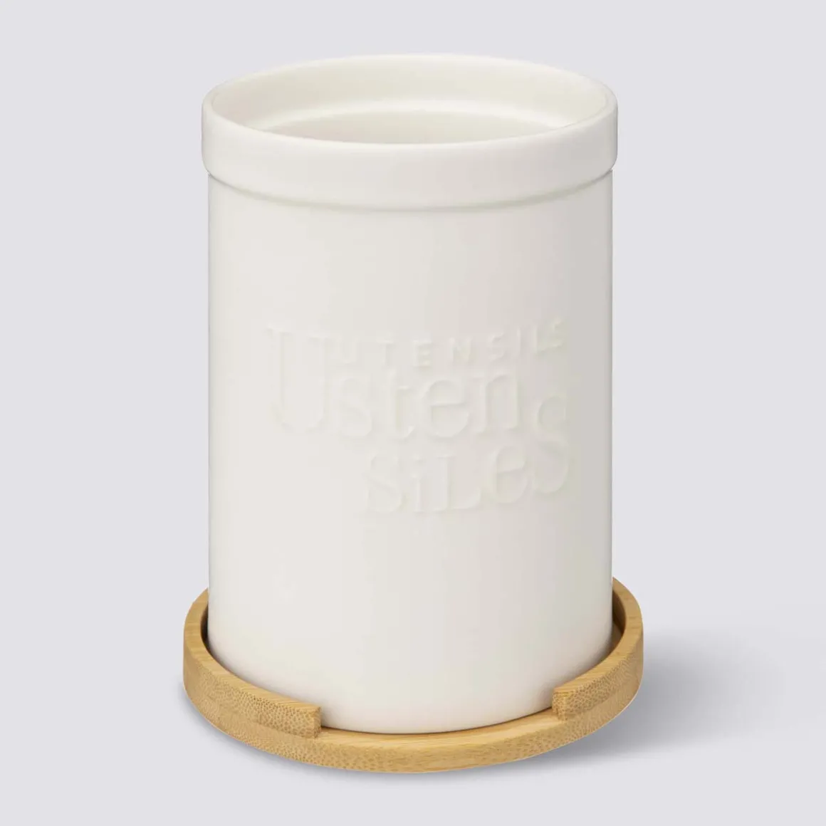 Pot à ustensiles couvercle bambou, Céramique blanc