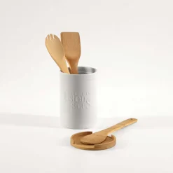 Pot à ustensiles couvercle bambou, Céramique blanc