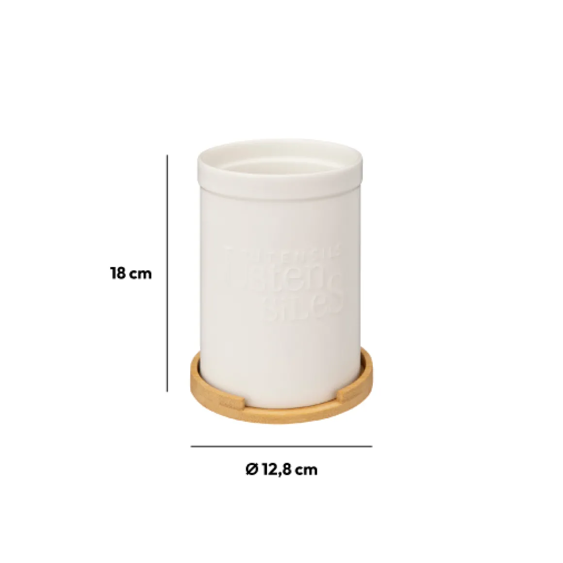 Pot à ustensiles couvercle bambou, Céramique blanc