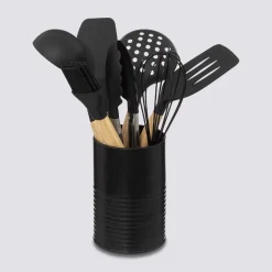 Pot métal à ustensiles avec 7 accessoires, Noir