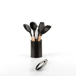 Pot métal à ustensiles avec 7 accessoires, Noir
