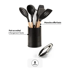 Pot métal à ustensiles avec 7 accessoires, Noir