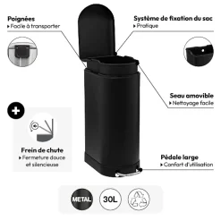 Poubelle à pédale métal 30L, Noir Ariane