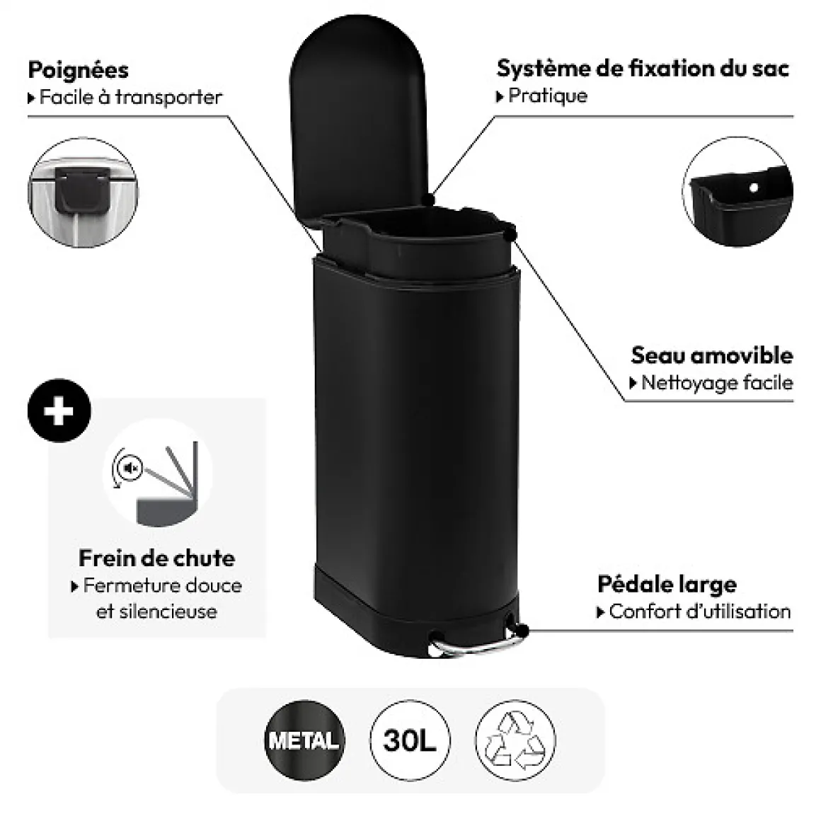 Poubelle à pédale métal 30L, Noir Ariane