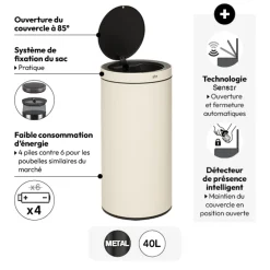 Poubelle automatique métal 40L, Beige