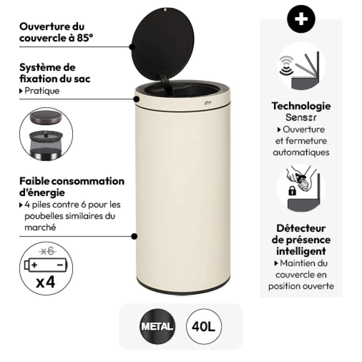 Poubelle automatique métal 40L, Beige