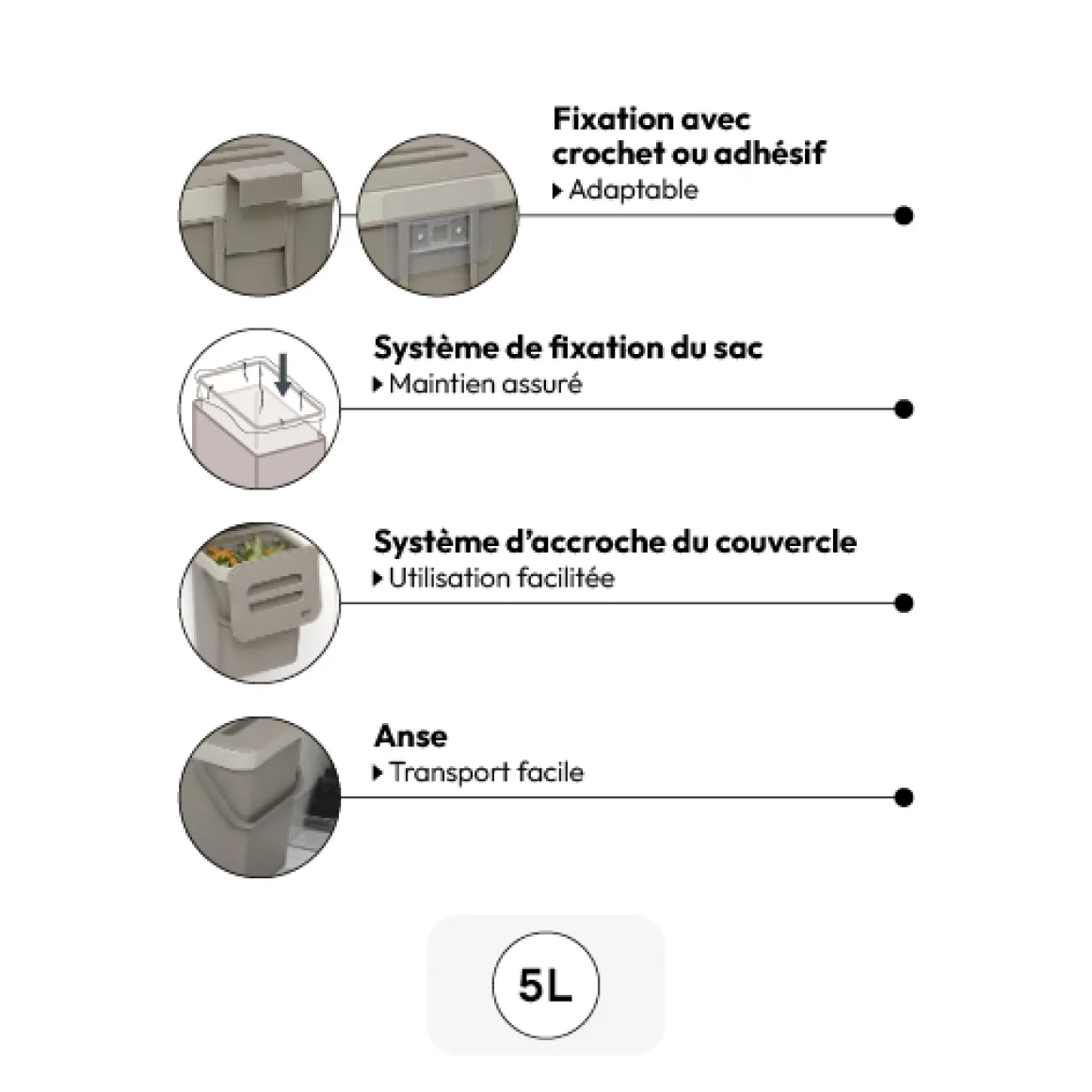 Poubelle compost plastique 5L, Taupe
