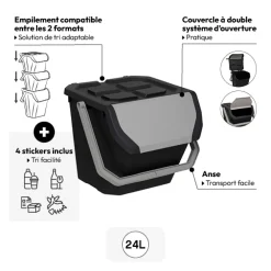 Poubelle de tri plastique 24L, Noir
