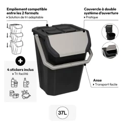 Poubelle de tri plastique 37L, Noir