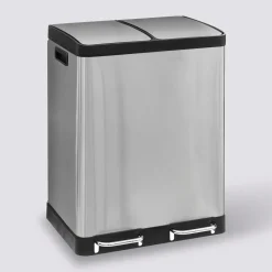 Poubelle de tri sélectif à pédales métal 2x30L, Inox
