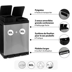 Poubelle de tri sélectif à pédales métal 2x30L, Inox