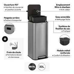 Poubelle métal 30L, Inox