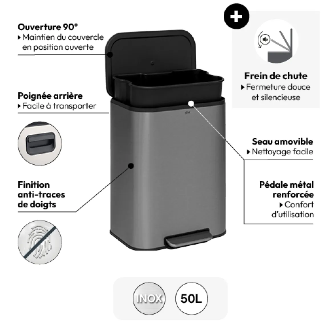 Poubelle métal 50L, Inox finition mat