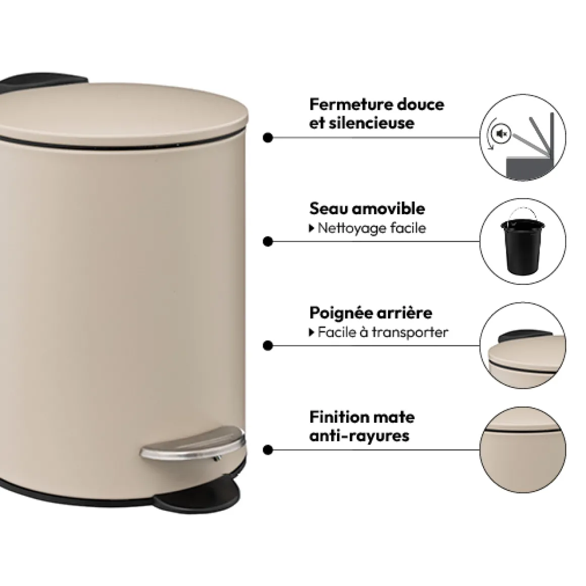 Poubelle métal Soft Close 3L, Beige naturel
