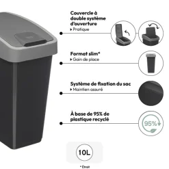 Poubelle plastique 2 ouvertures 10L, Gris