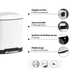 Poubelle rectangulaire à pédale métal 6L, Blanc