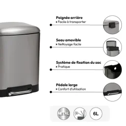 Poubelle rectangulaire à pédale métal 6L, Inox
