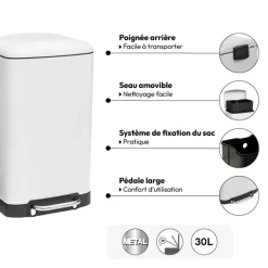 Poubelle rectangulaire à pédale métal 30L, Blanc