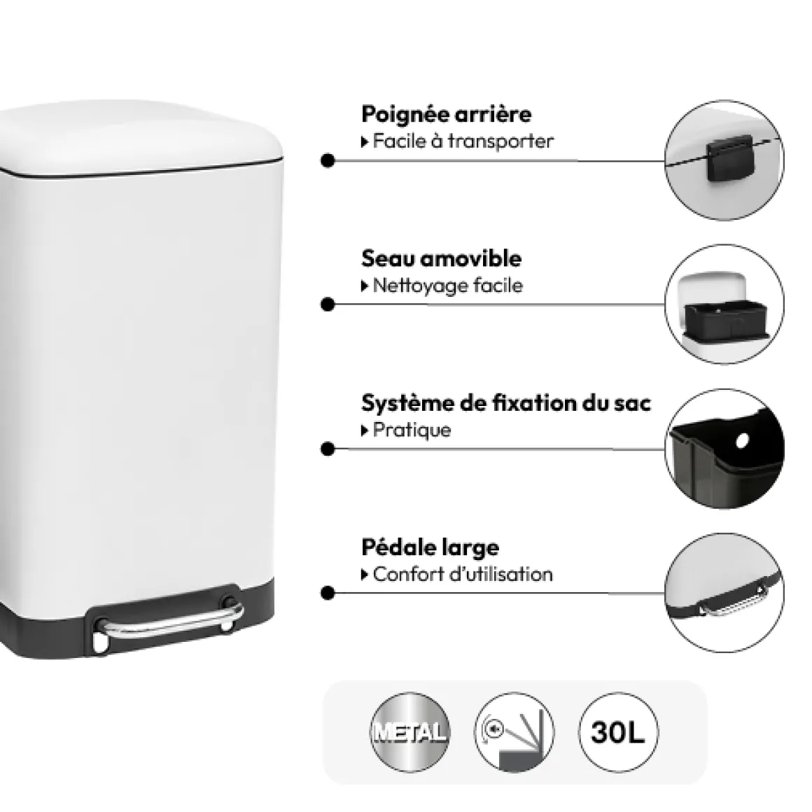 Poubelle rectangulaire à pédale métal 30L, Blanc