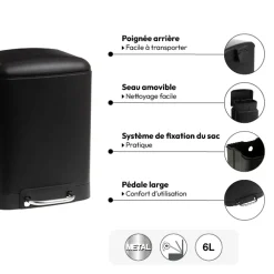Poubelle rectangulaire à pédale métal 6L, Noir