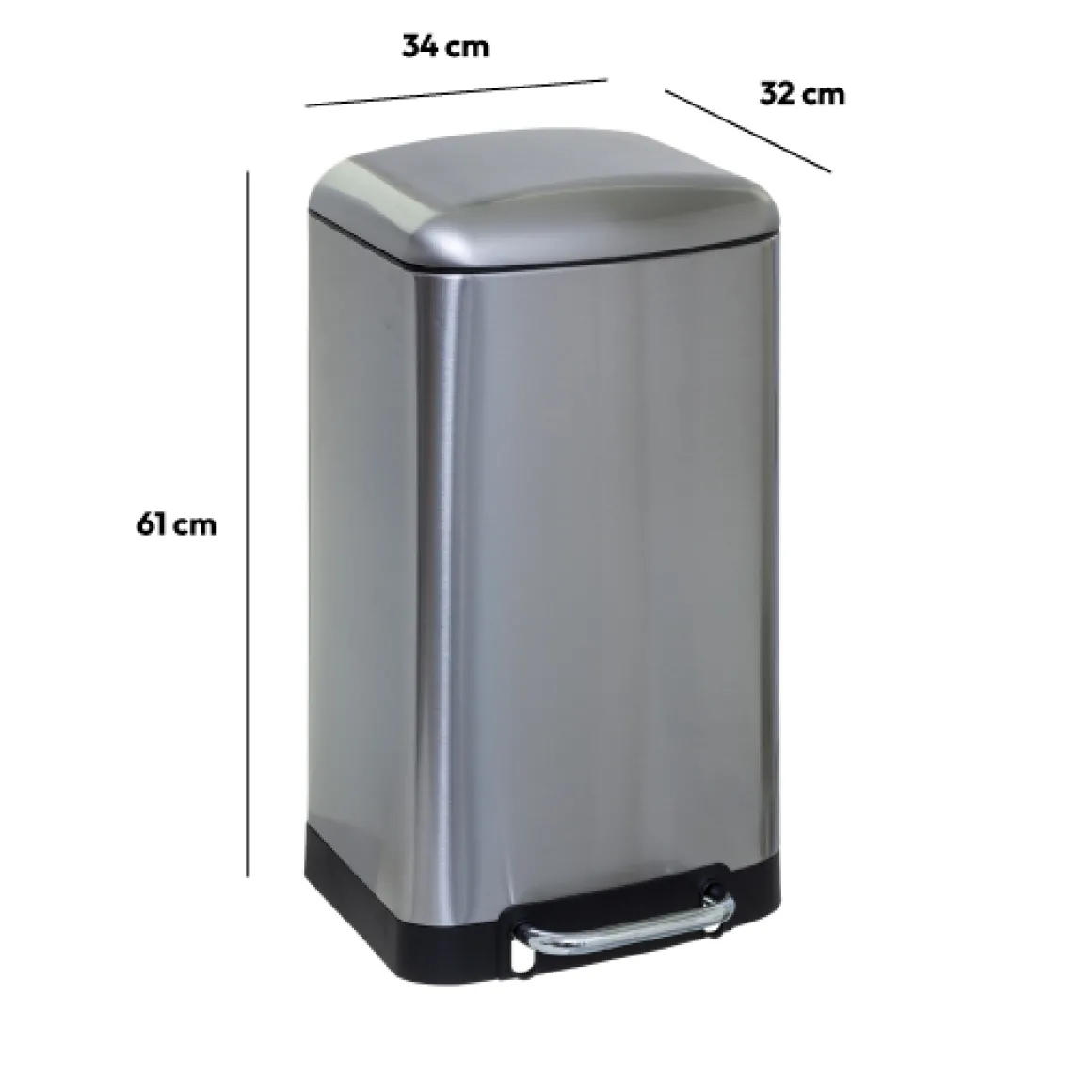 Poubelle rectangulaire à pédale métal 30L, Inox
