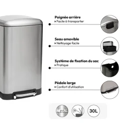 Poubelle rectangulaire à pédale métal 30L, Inox