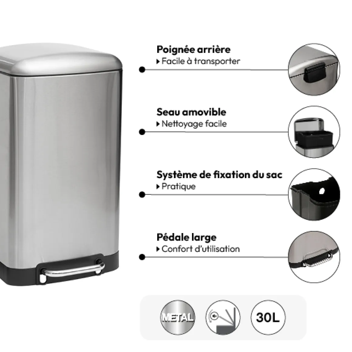 Poubelle rectangulaire à pédale métal 30L, Inox