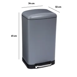 Poubelle rectangulaire à pédale métal 30L, Gris
