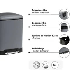 Poubelle rectangulaire à pédale métal 6L, Gris