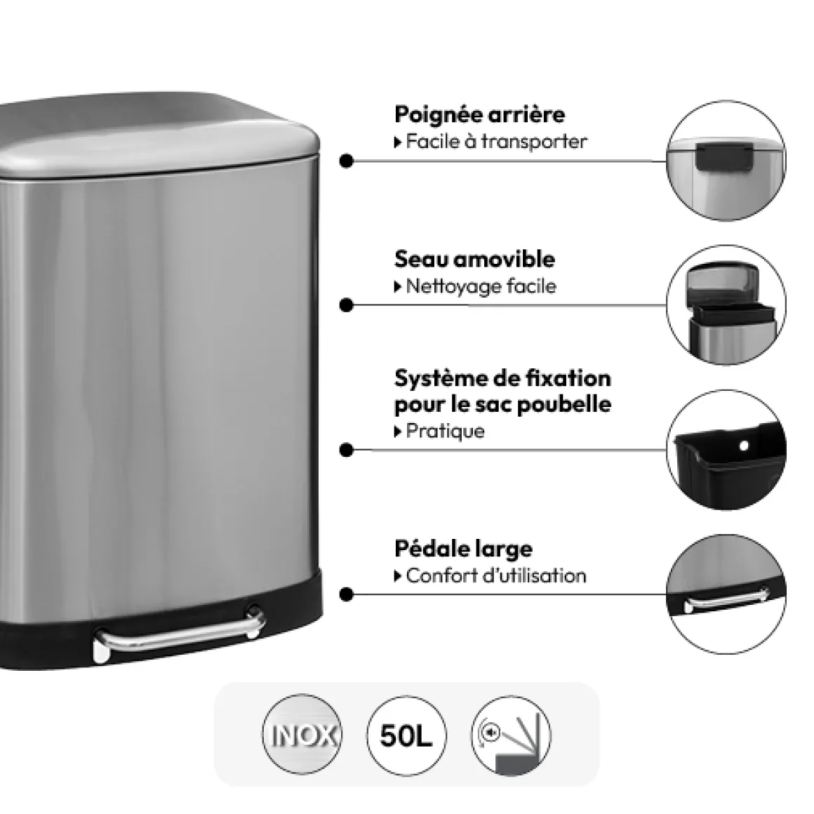 Poubelle rectangulaire à pédale métal 50L, Inox