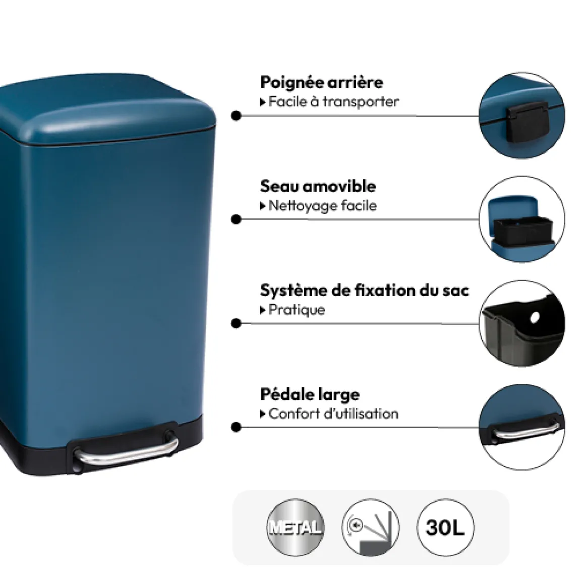 Poubelle rectangulaire à pédale métal 30L, Bleu marine