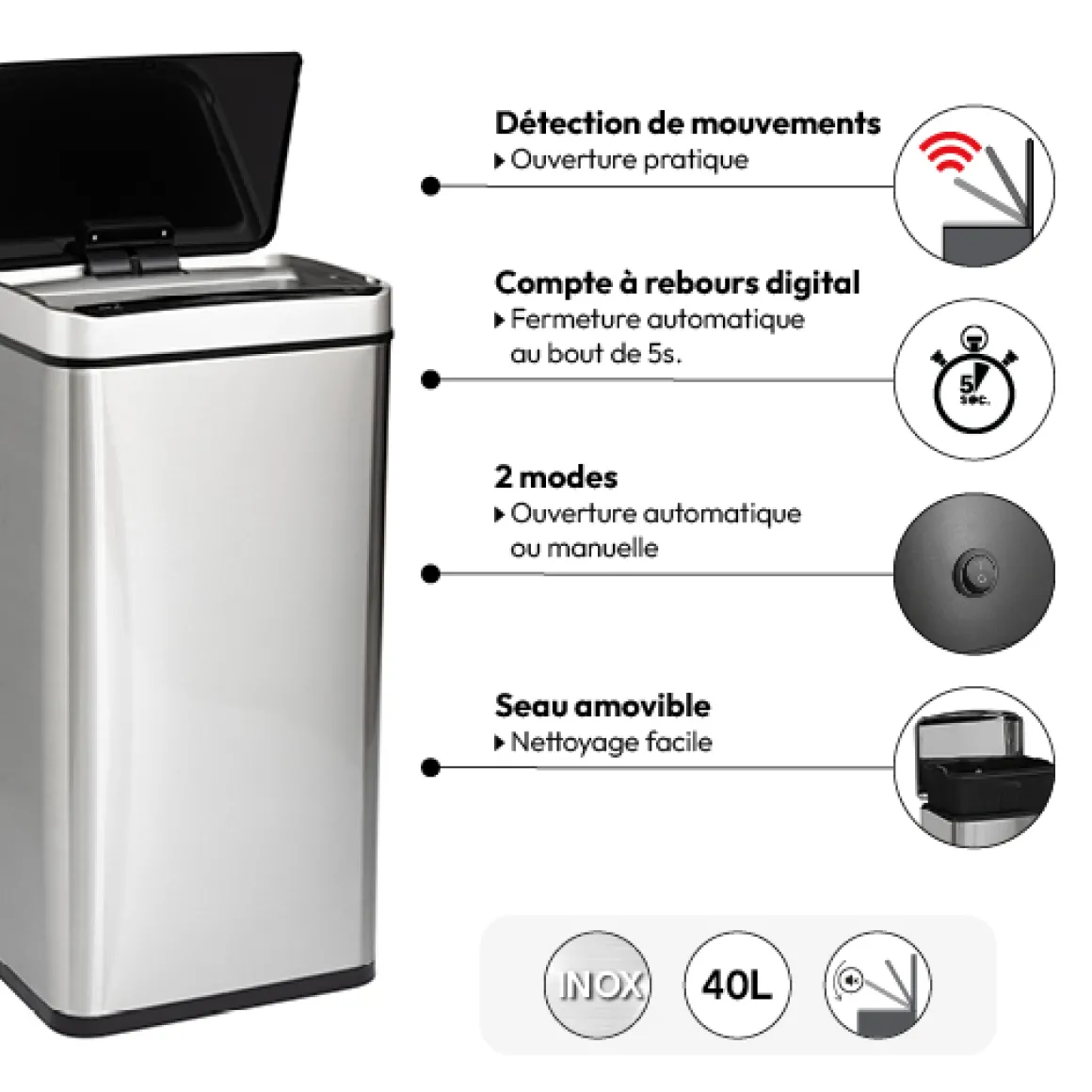 Poubelle rectangulaire automatique 40L, Inox