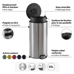 Poubelle ronde à pédale métal 30L, Inox